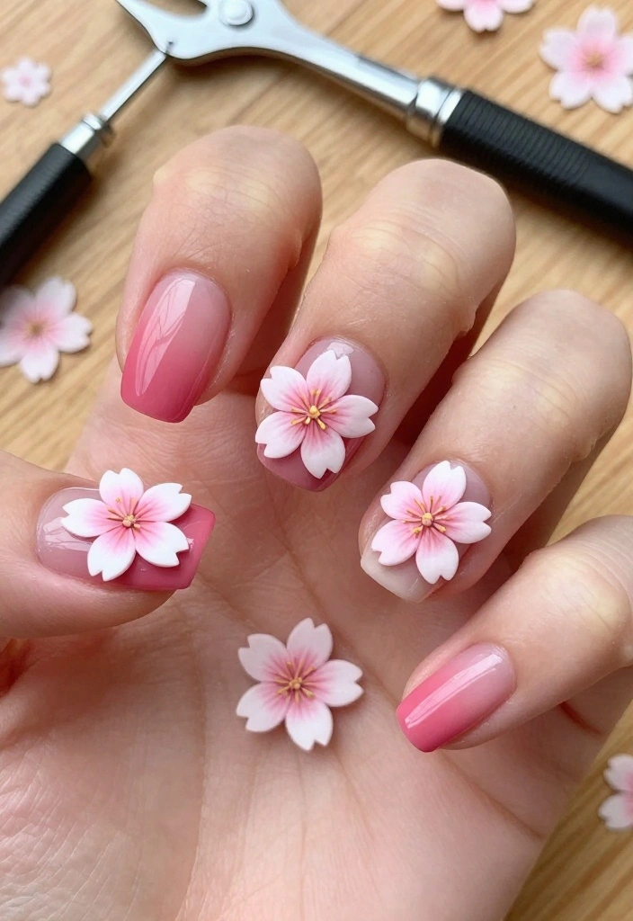 16 DIY Sakura Nails Tutorials That Will Leave Everyone in Awe! - 4. 3D Sakura Flowers 1