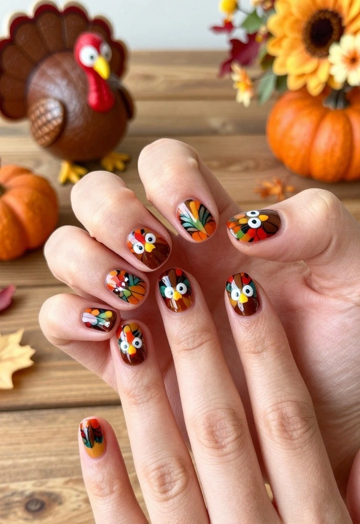 16 Thanksgiving Nail Designs That Capture the Essence of Fall! - 4. Thanksgiving Turkeys 1