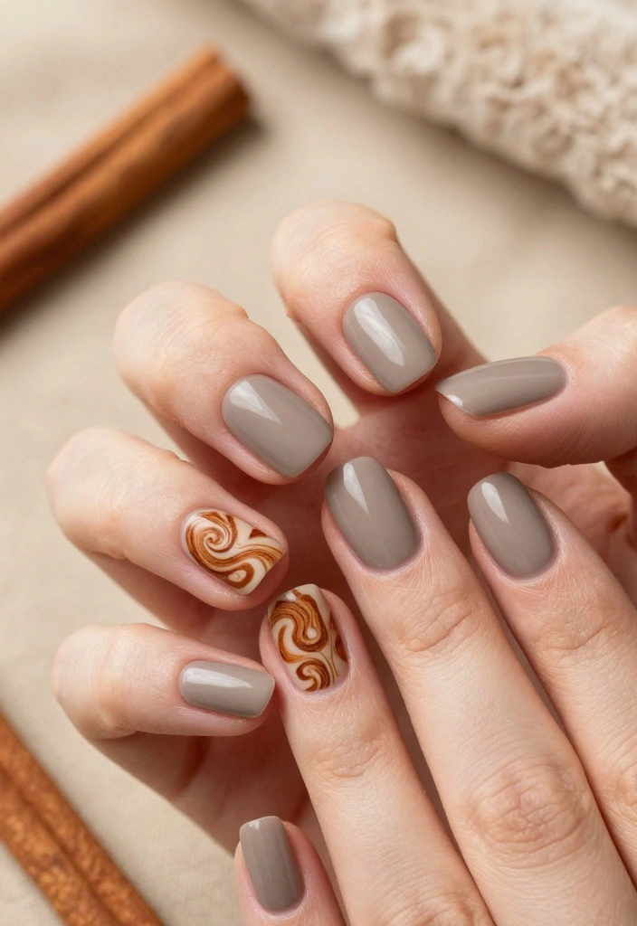 16 Warm Nails Ideas to Help You Nail Winter Fashion Effortlessly! - 13. Warm Taupe and Cinnamon Swirls 1