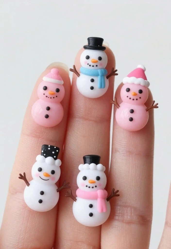 17 Pink Christmas Nail Designs That Will Make You Shine Bright All Season Long! - 7. Pink Snowman Fun 1