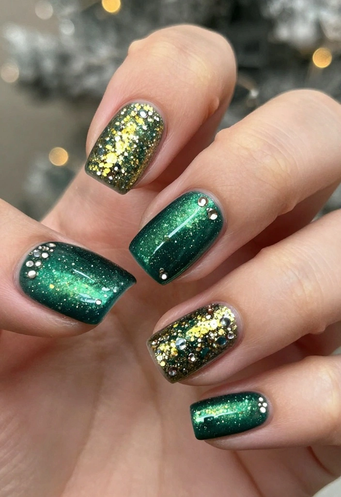 17 Unique Green Christmas Nail Designs to Add a Touch of Glam to Your Holidays! - 1. Sparkling Emerald Elegance 1