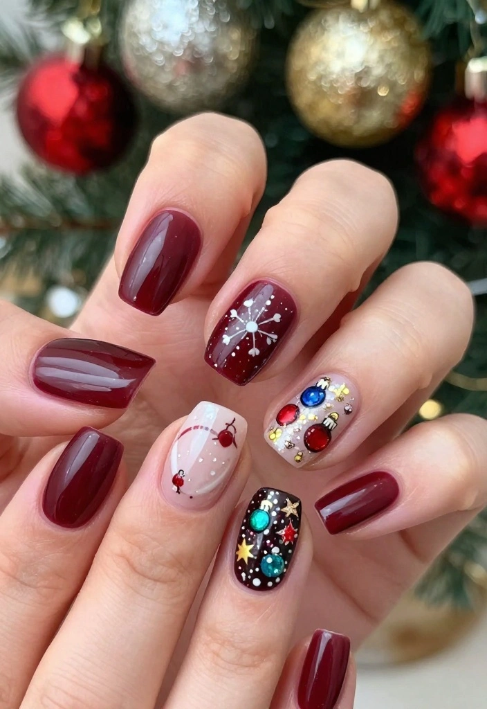 18 DIY Funky Christmas Nails That Are Easier Than You Think! - 10. Ornaments Galore 1