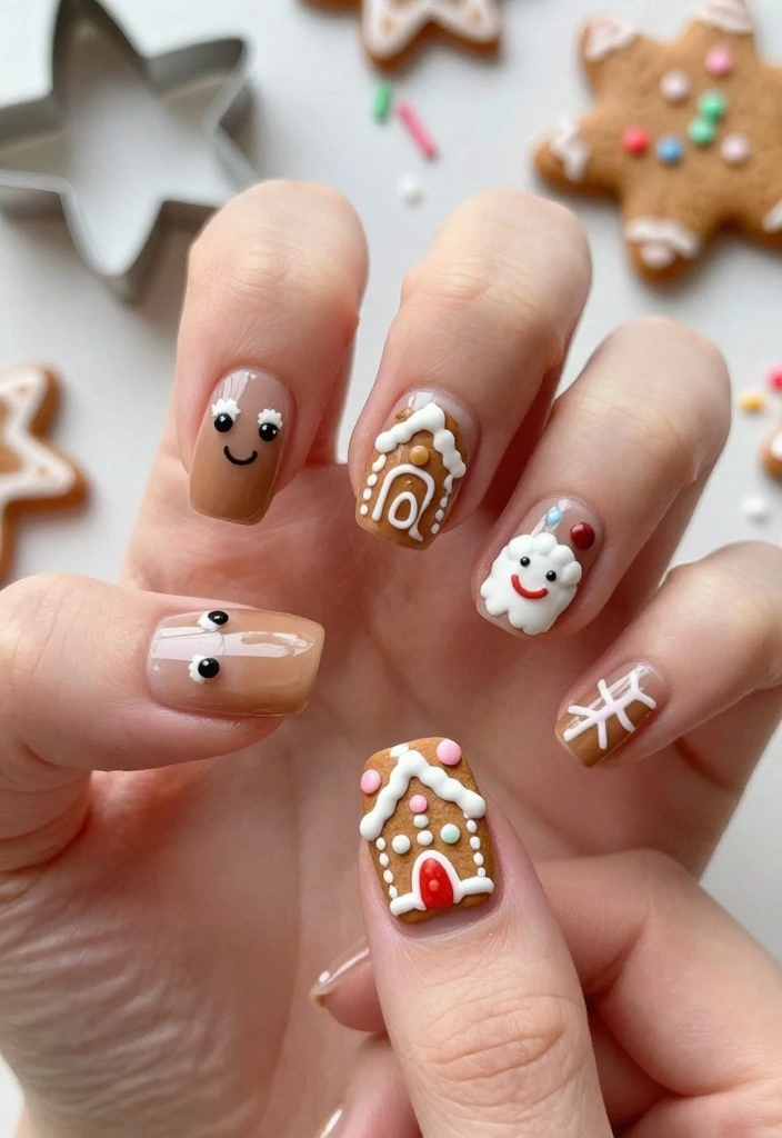 18 DIY Funky Christmas Nails That Are Easier Than You Think! - 16. Jolly Gingerbread Houses 1