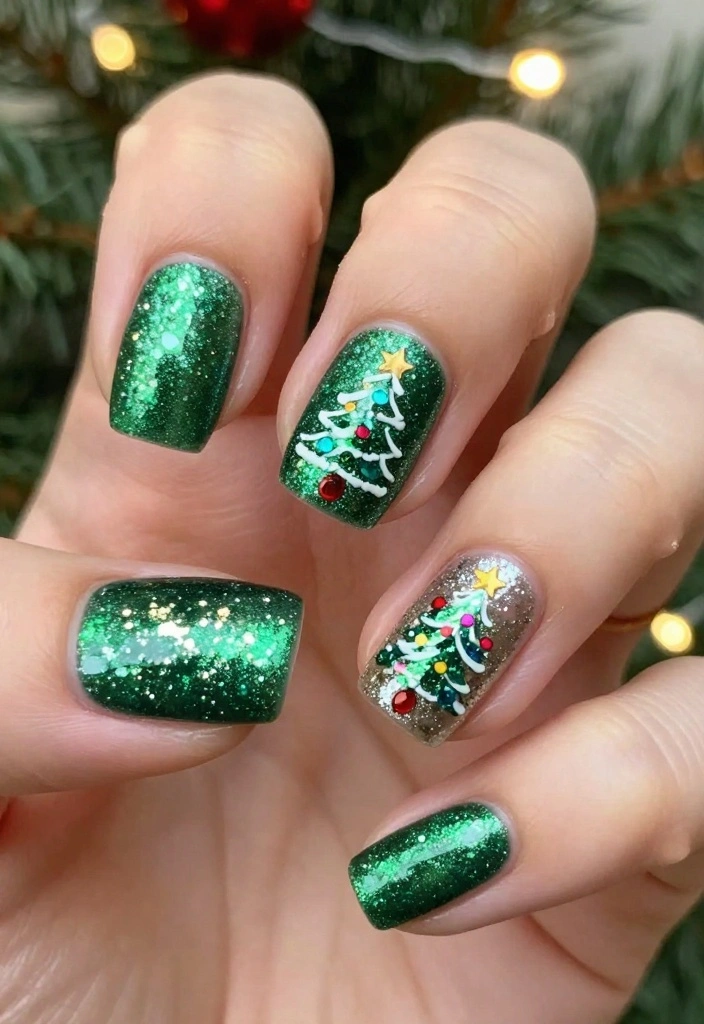 18 DIY Funky Christmas Nails That Are Easier Than You Think! - 2. Christmas Tree Glitter 1