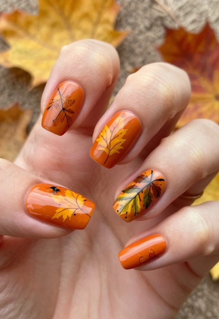 18 Festive Coffin Shape Nails For Every Occasion (Don't Miss #7!) - 10. Rustic Autumn Leaves 1