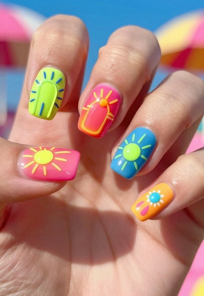 18 Festive Coffin Shape Nails For Every Occasion (Don't Miss #7!) - 18. Fun Neon Explosions 1