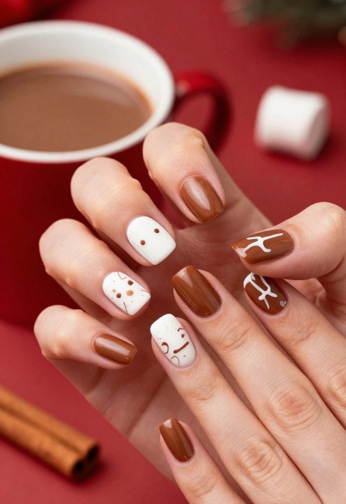 18 Festive Red Christmas Nail Designs That Will Make You the Star of the Party! - 13. Warm Cocoa and Marshmallows 1