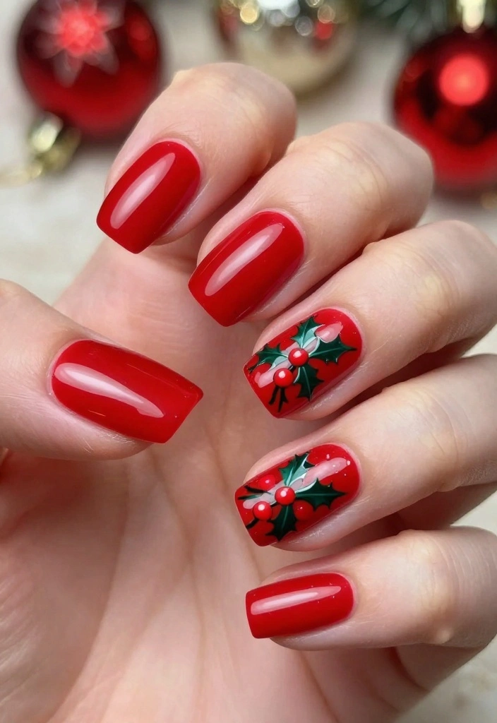 18 Festive Red Christmas Nail Designs That Will Make You the Star of the Party! - 7. Holly and Berries 1