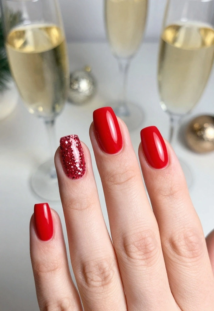 18 Glamorous NYE Nail Ideas That Will Make You the Star of the Party! - 5. Bold Red with Glitter Accent 1