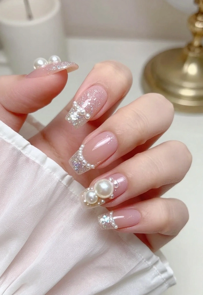 18 Glitter French Nails That Will Elevate Your Style Game Instantly! - 14. Glitter French with Pearls 1