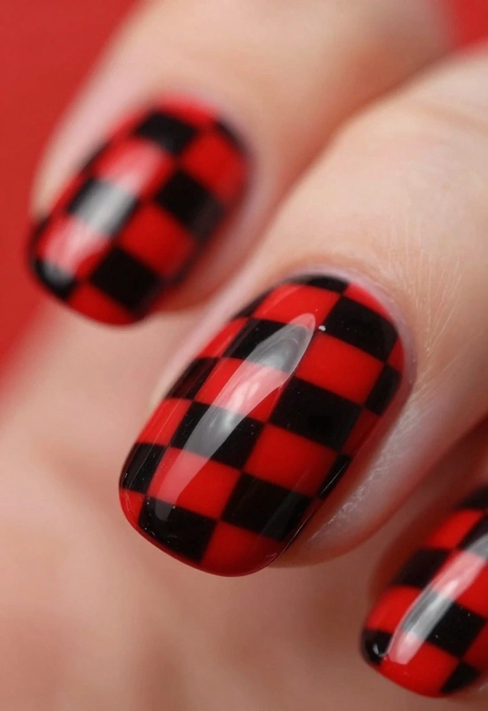 18 Gorgeous Red Valentine's Day Nail Art Ideas Perfect for Date Night! - 11. Red and Black Checkerboard 1