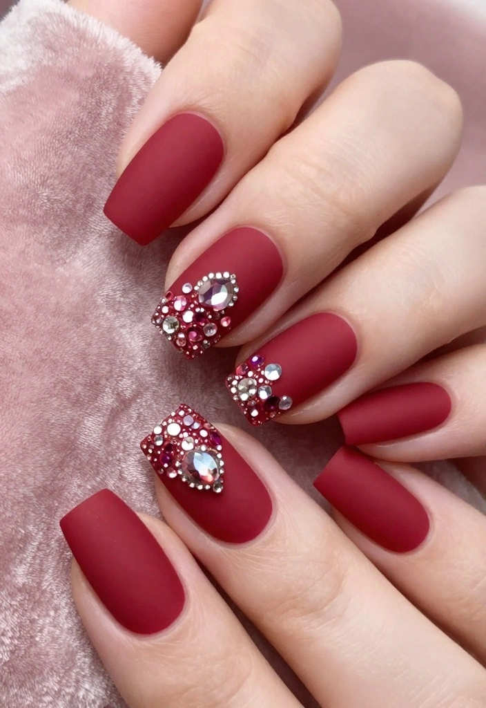 18 Gorgeous Red Valentine's Day Nail Art Ideas Perfect for Date Night! - 13. Matte Red with Jewel Accents 1