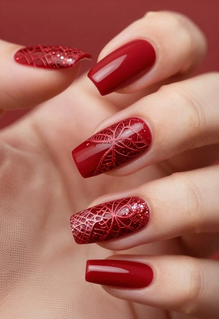 18 Gorgeous Red Valentine's Day Nail Art Ideas Perfect for Date Night! - 17. Red with Lace and Glitter 1