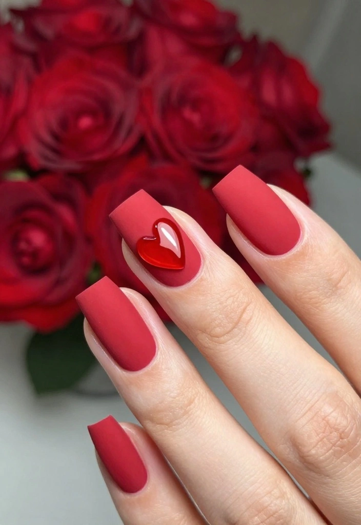 18 Gorgeous Red Valentine's Day Nail Art Ideas Perfect for Date Night! - 6. Matte Red with Glossy Heart 1