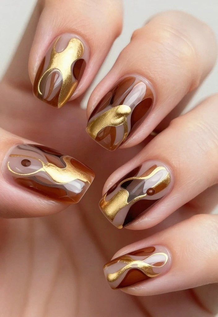 19 Creative Brown and Gold Nail Designs to Inspire Your Next Manicure! - 10. Abstract Brown and Gold Nail Art 1