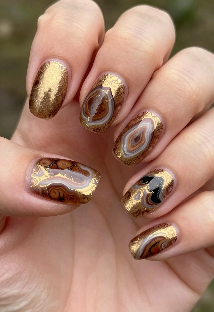 19 Creative Brown and Gold Nail Designs to Inspire Your Next Manicure! - 18. Golden Geode Inspired Brown Nails 1