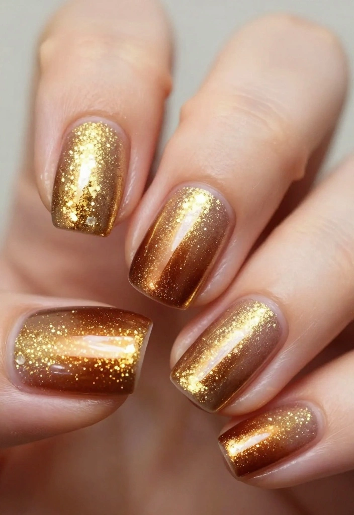 19 Creative Brown and Gold Nail Designs to Inspire Your Next Manicure! - 2. Sparkling Gold Ombre with Brown Base 1