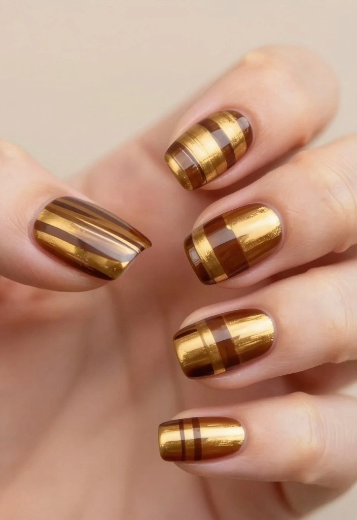 19 Creative Brown and Gold Nail Designs to Inspire Your Next Manicure! - 4. Striped Brown and Gold Accent Nails 1