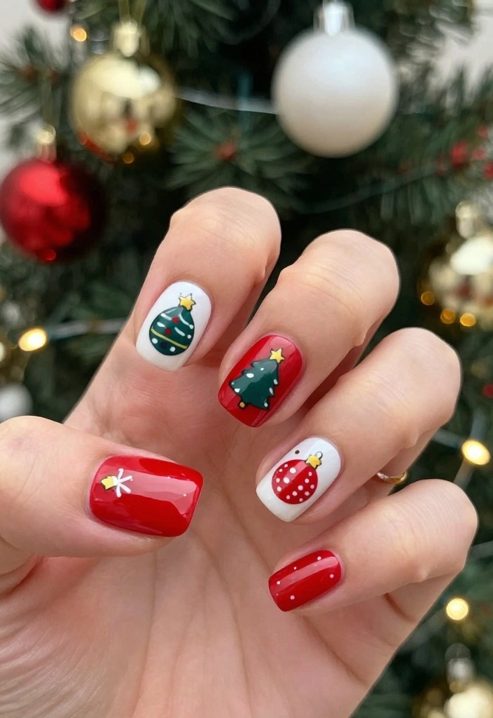19 Easy Christmas Holiday Nail Designs That Take Less Than 10 Minutes! - 11. Simple Christmas Ornaments 1