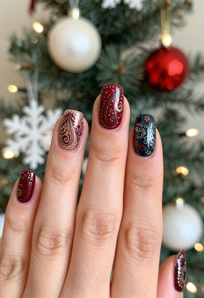 19 Easy Christmas Holiday Nail Designs That Take Less Than 10 Minutes! - 16. Holiday Paisley 1