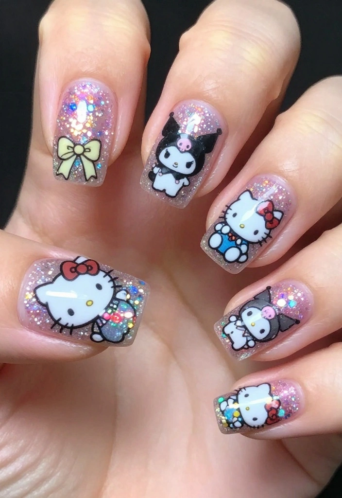 19 Sanrio Nails That Will Make You Fall in Love with Nail Art! - 10. Sanrio Glitter Wonderland 1
