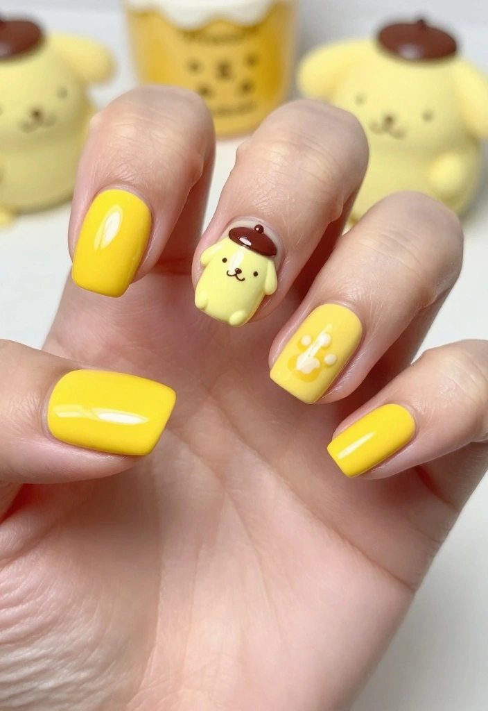 19 Sanrio Nails That Will Make You Fall in Love with Nail Art! - 4. Pompompurin's Yellow Delight 1