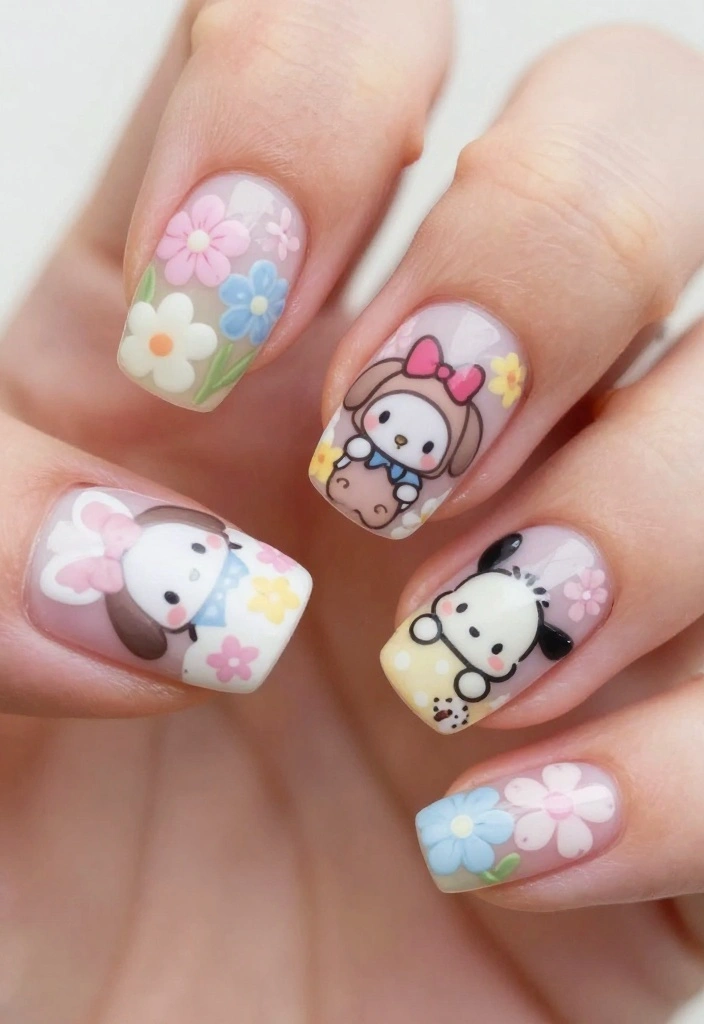 19 Sanrio Nails That Will Make You Fall in Love with Nail Art! - 9. Sanrio Floral Fusion 1