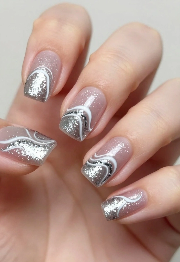 19 Trending Silver Glitter Nails Styles You Must Try Right Now! - 18. Silver Glitter Wave Designs 1