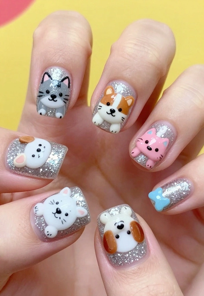 19 Trending Silver Glitter Nails Styles You Must Try Right Now! - 19. Silver Glitter with Animals 1