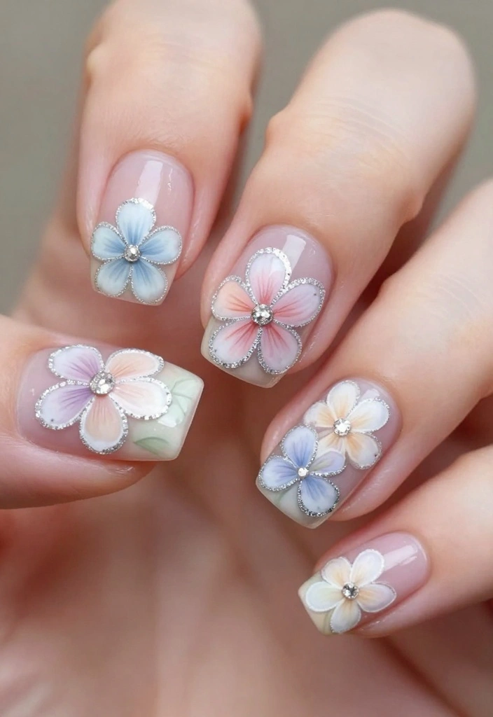 19 Trending Silver Glitter Nails Styles You Must Try Right Now! - 7. Silver Glitter Floral Designs 1