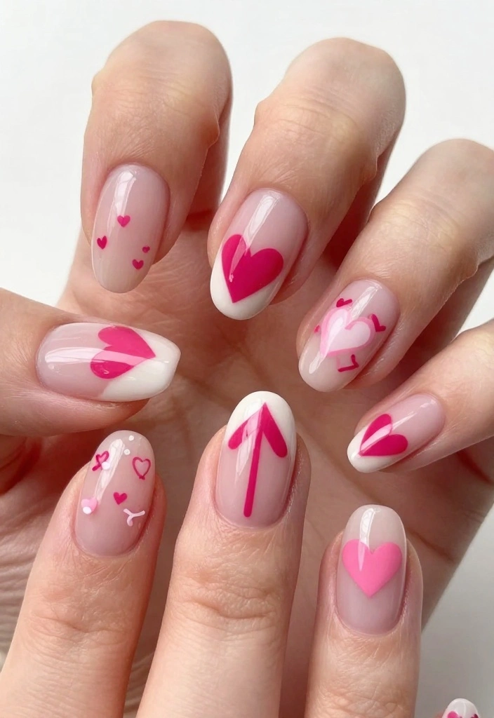 19 Valentine Nails with Pink Heart Patterns You Need to Try This Year! (#10 Will Wow You!) - 7. Heart and Arrow Combo 1