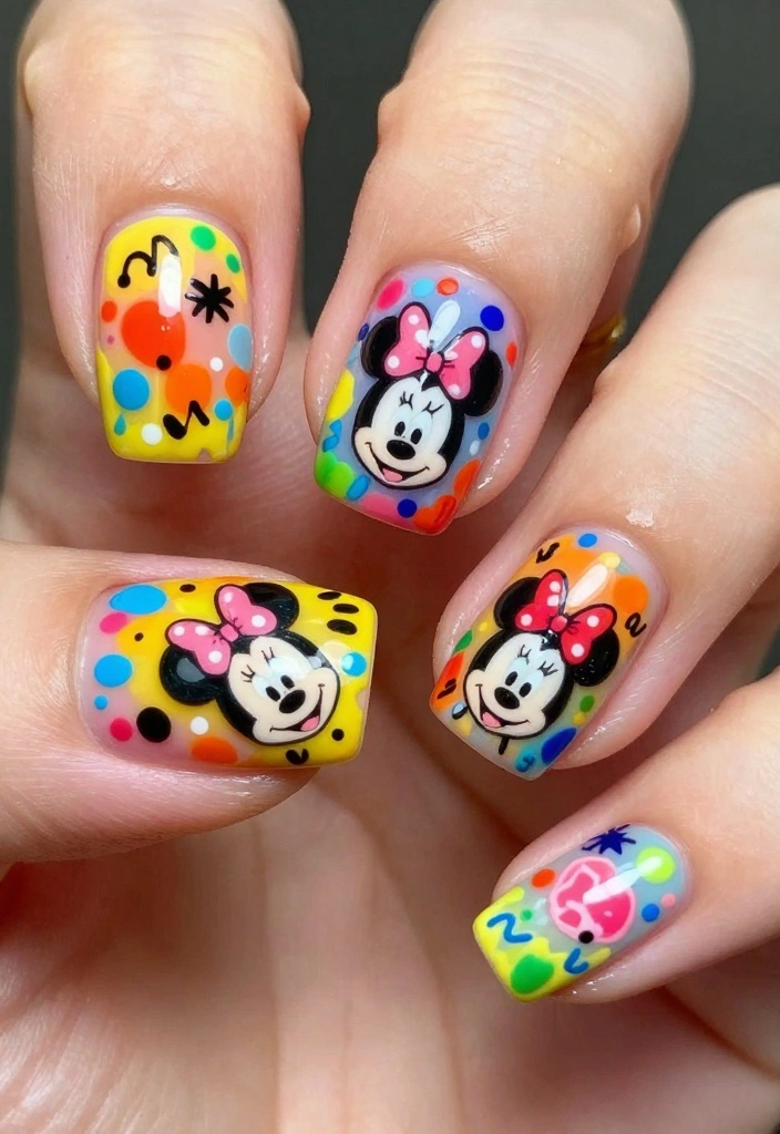 19 Whimsical Minnie Mouse Nails That Will Make You Say 'Wow!' - 15. Colorful Splatter Minnie Nails 1