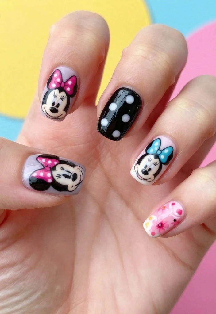 19 Whimsical Minnie Mouse Nails That Will Make You Say 'Wow!' - 18. Mixed Designs Minnie Mouse Nails 1