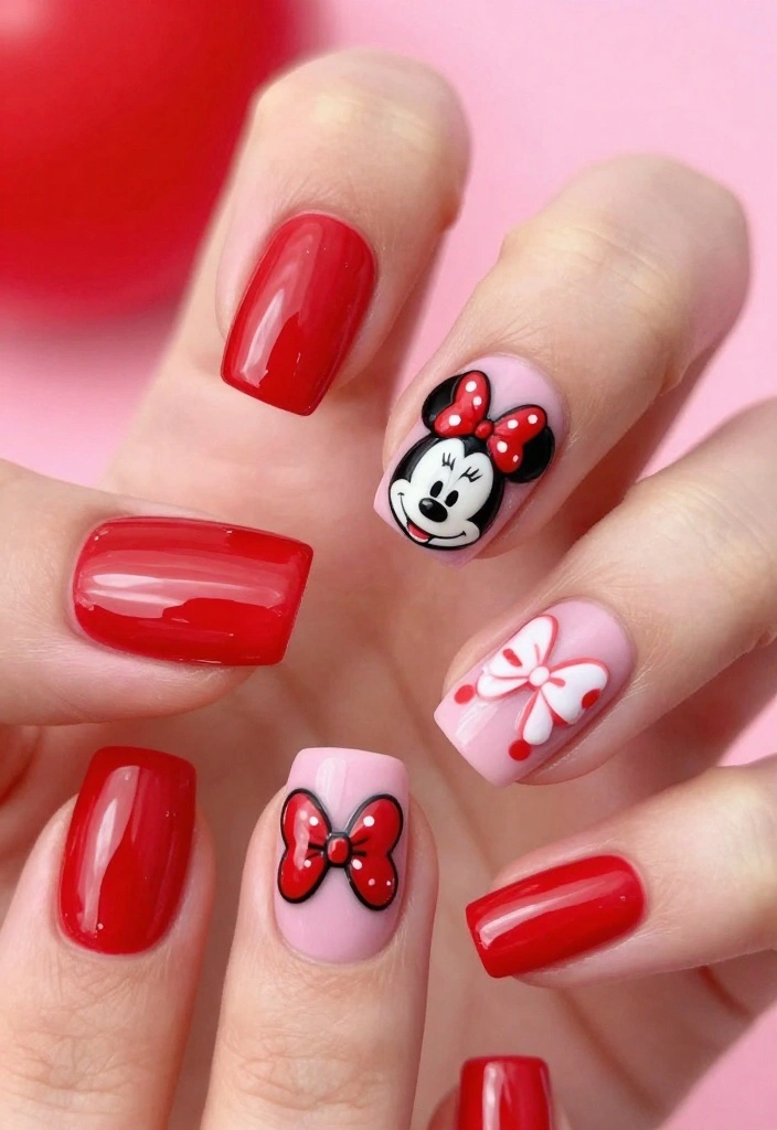 19 Whimsical Minnie Mouse Nails That Will Make You Say 'Wow!' - 2. Minnie Bow Accent Nails 1
