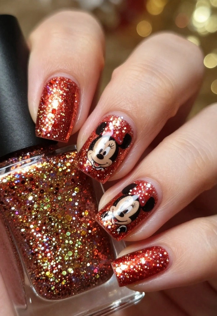 19 Whimsical Minnie Mouse Nails That Will Make You Say 'Wow!' - 3. Sparkling Minnie Glitter Nails 1