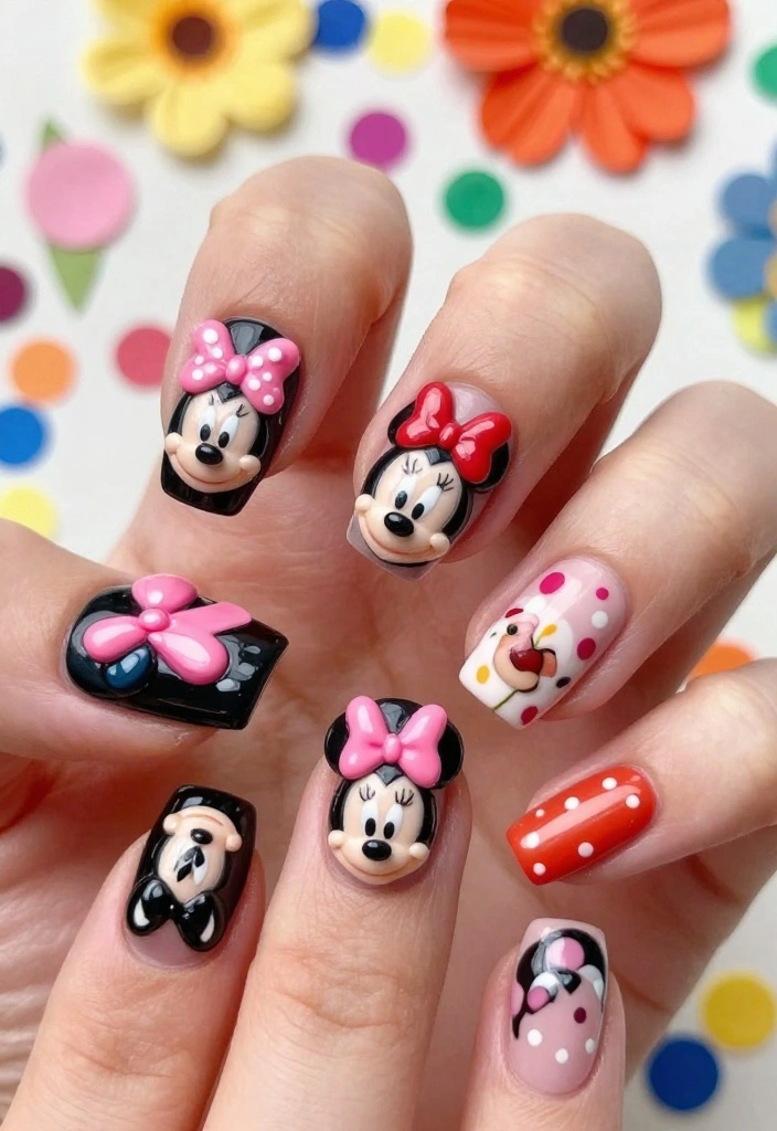 19 Whimsical Minnie Mouse Nails That Will Make You Say 'Wow!' - 5. 3D Minnie Mouse Nail Art 1