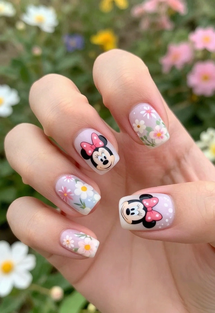 19 Whimsical Minnie Mouse Nails That Will Make You Say 'Wow!' - 8. Floral Minnie Mouse Nails 1