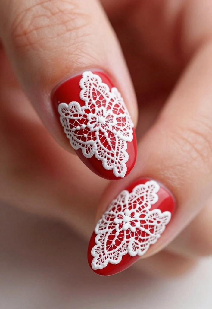 20 Bold Red Almond Nail Designs You’ll Want to Copy Right Away! - 11. Lace Love 1