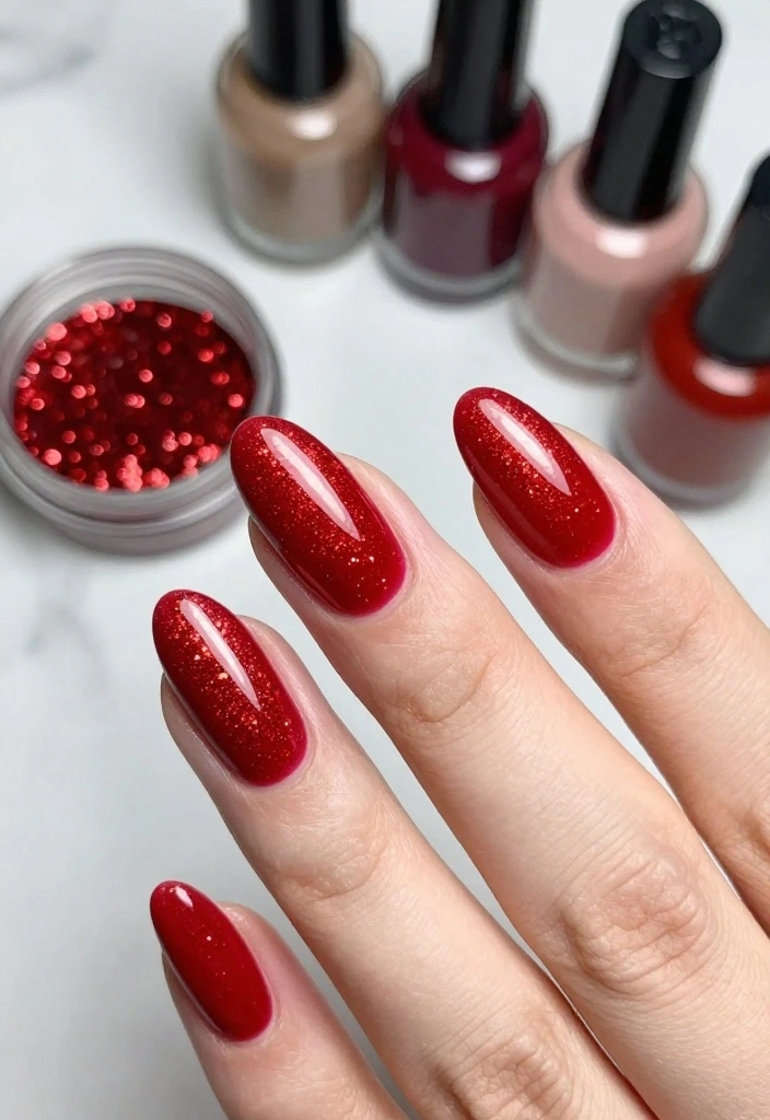 20 Bold Red Almond Nail Designs You’ll Want to Copy Right Away! - 2. Glitter Gradient Glam 1