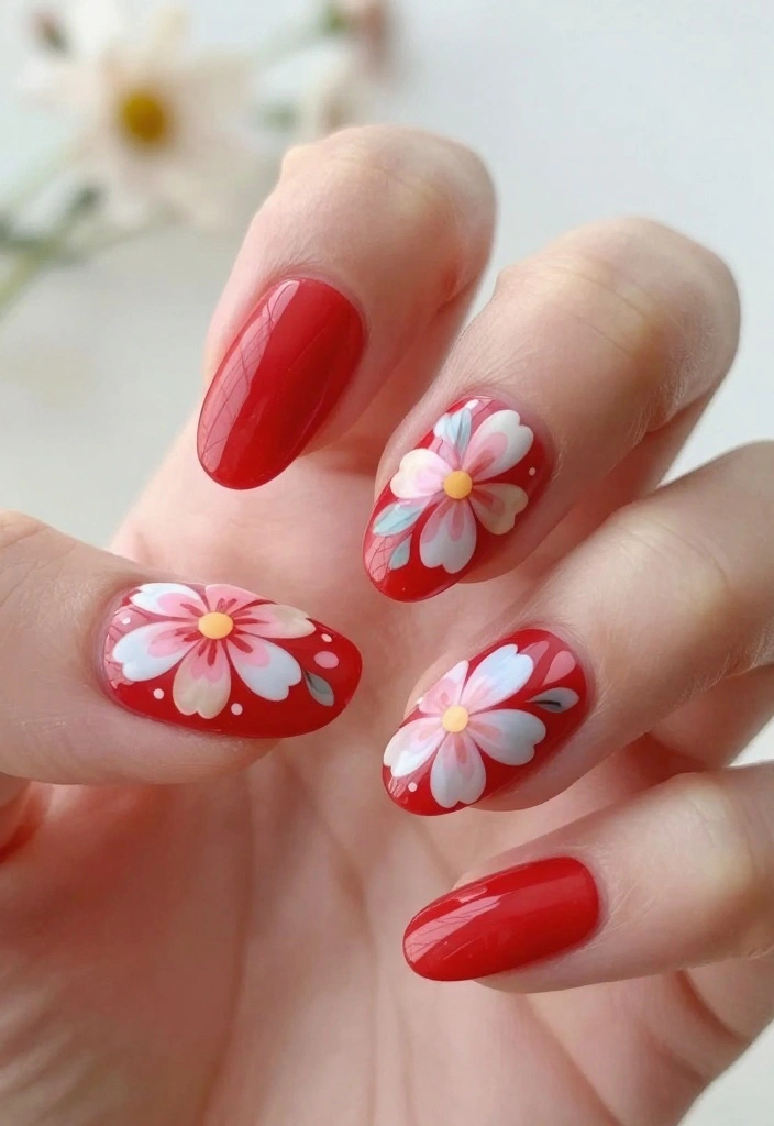 20 Bold Red Almond Nail Designs You’ll Want to Copy Right Away! - 3. Floral Fantasy 1