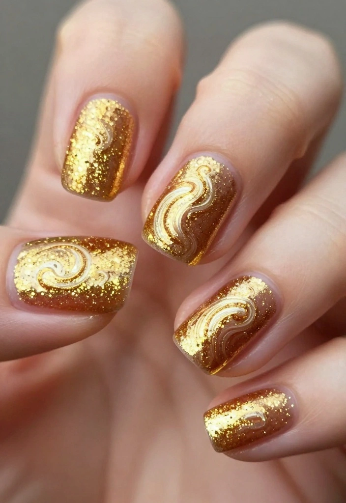 20 Celebrity-Inspired Gold Glitter Nails Looks You’ll Adore! - 16. Glitter Swirls 1