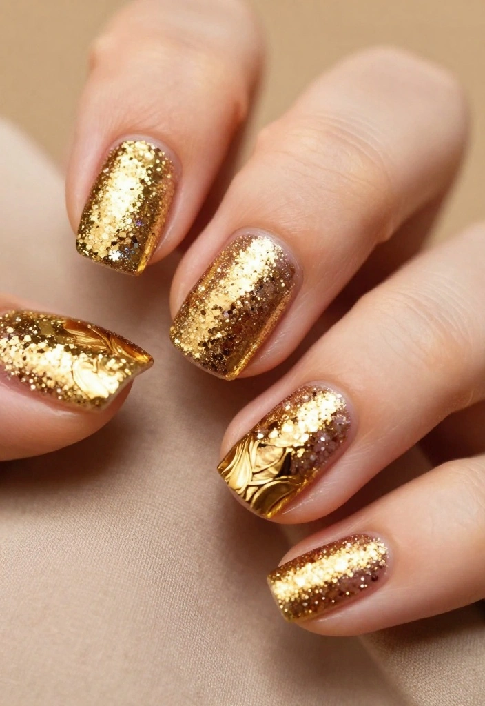 20 Celebrity-Inspired Gold Glitter Nails Looks You’ll Adore! - 6. Glitter and Foil Combo 1