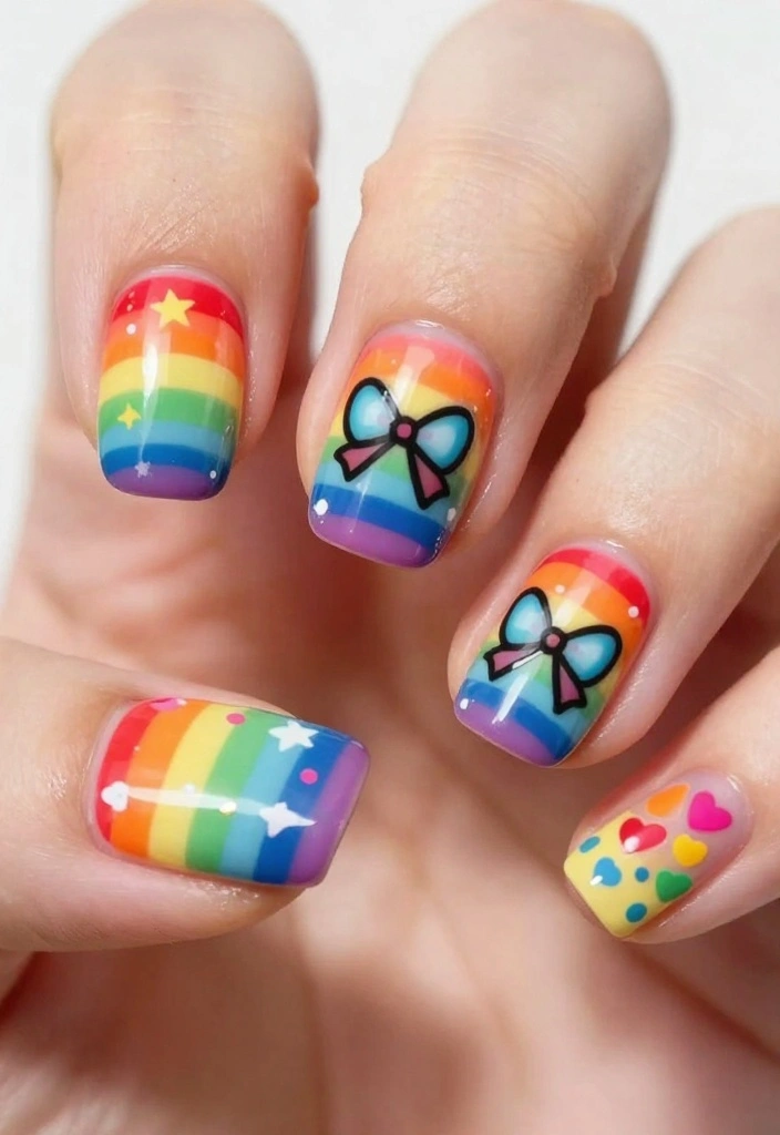 20 Cute Bow Nail Art Designs That Will Make You Smile (You’ll Want to Try #10!) - 10. Rainbow Bow Bliss 1