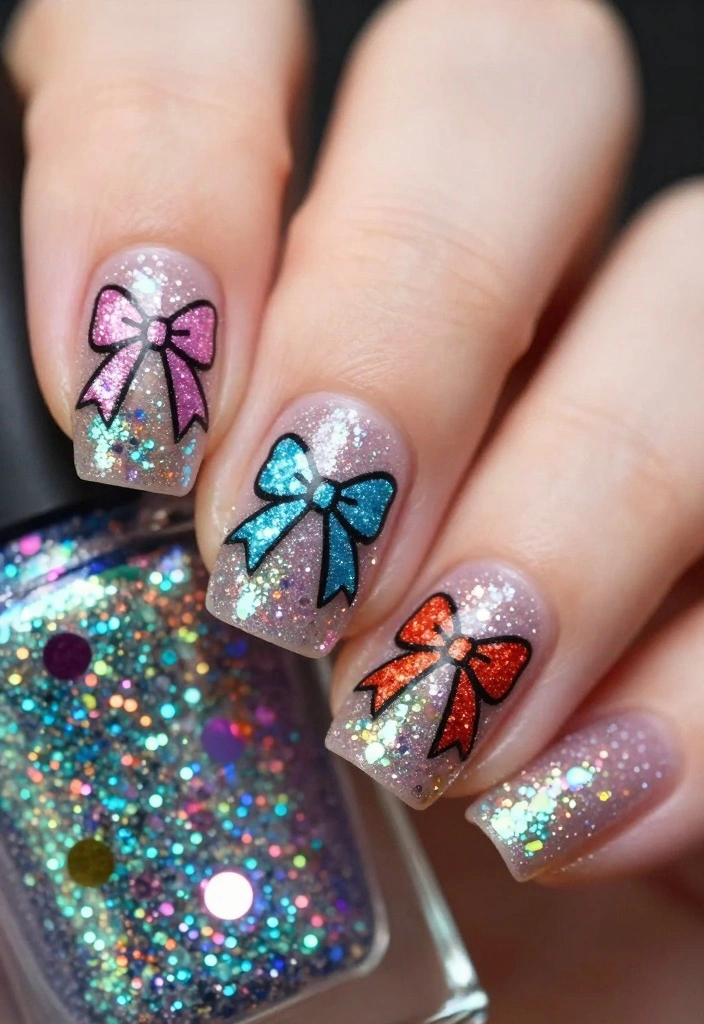 20 Cute Bow Nail Art Designs That Will Make You Smile (You’ll Want to Try #10!) - 4. Glittery Bow Charm 1