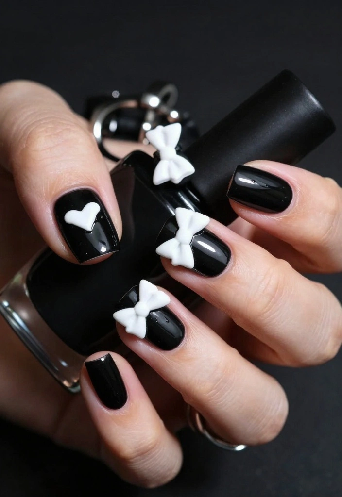 20 Cute Bow Nail Art Designs That Will Make You Smile (You’ll Want to Try #10!) - 8. Edgy Black Bow 1