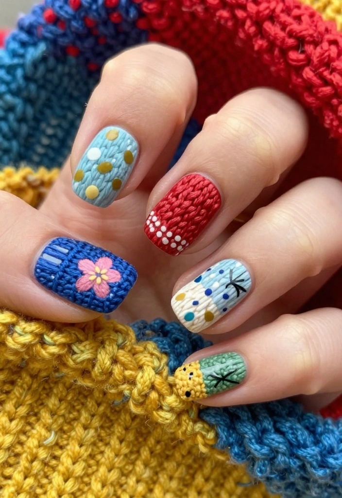 20 Cute & Easy Sweater Nail Art Designs to Brighten Your Day! - 20. Cozy Knit Patchwork 1