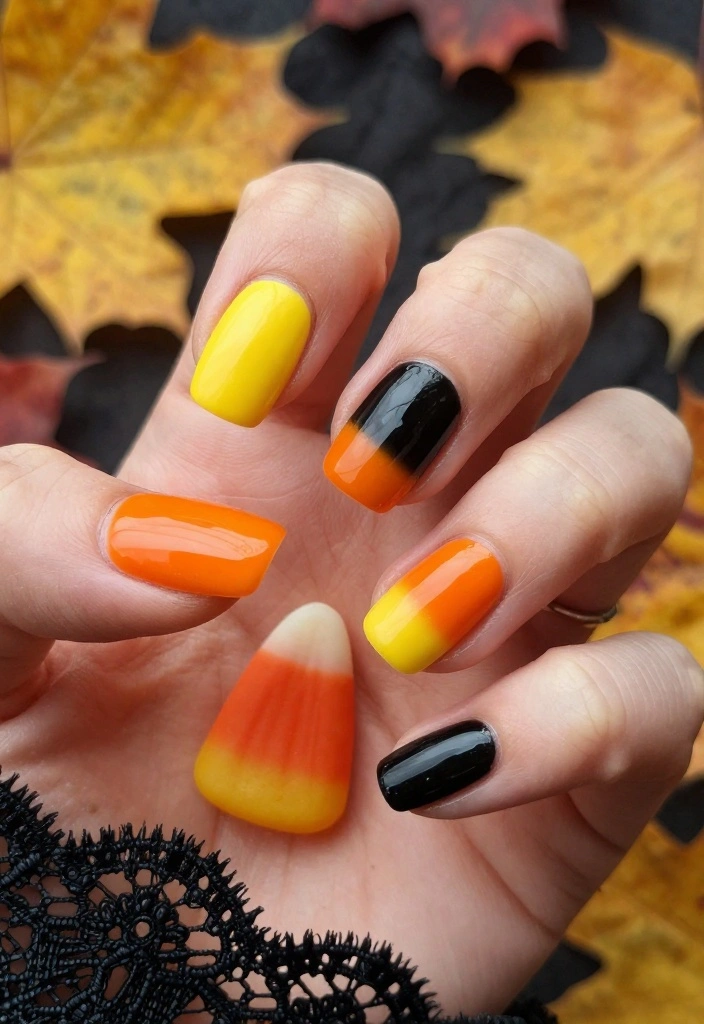 20 Edgy Goth Christmas Nails That Will Make Your Holiday Season Unforgettable! - 19. Cursed Candy Corn 1