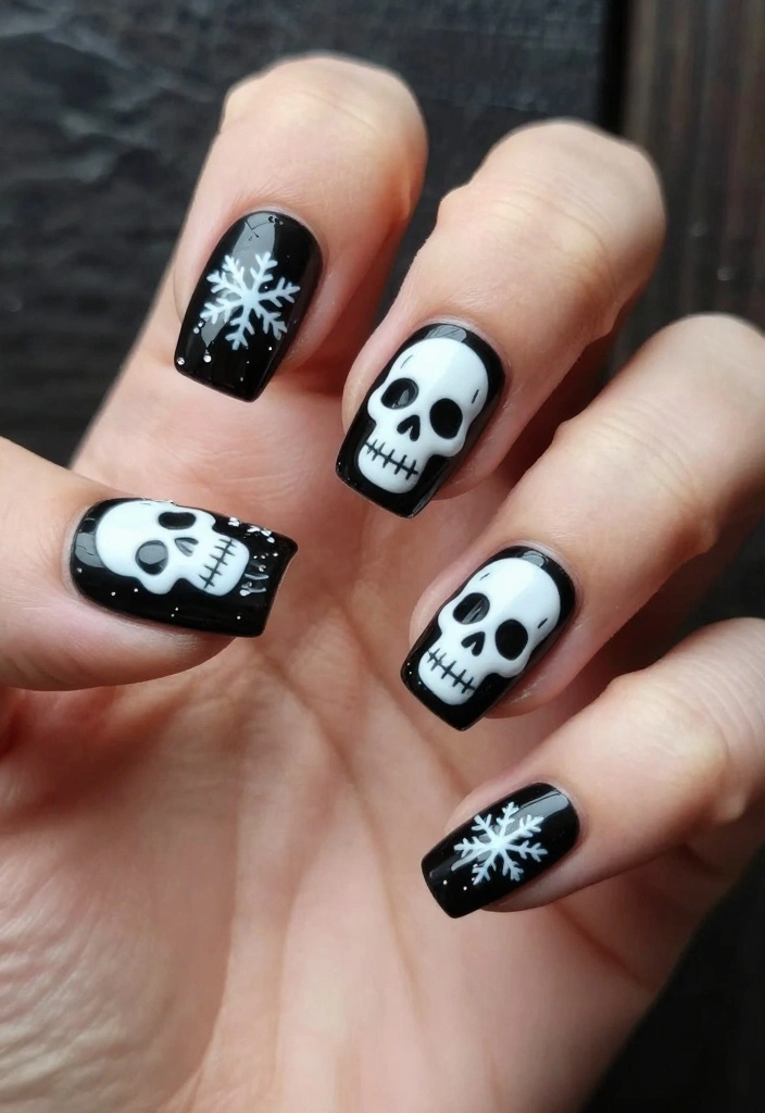20 Edgy Goth Christmas Nails That Will Make Your Holiday Season Unforgettable! - 3. Skull-tastic Snowflakes 1