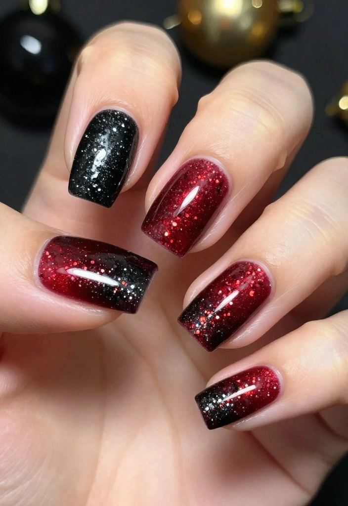 20 Edgy Goth Christmas Nails That Will Make Your Holiday Season Unforgettable! - 4. Gothic Glitter Ombré 1