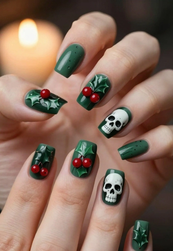 20 Edgy Goth Christmas Nails That Will Make Your Holiday Season Unforgettable! - 5. Death’s Head Holly 1